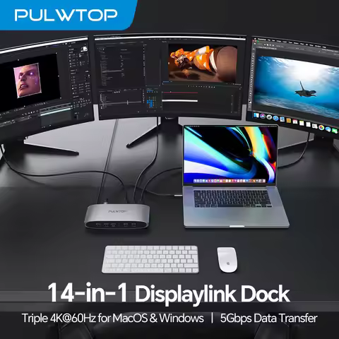 PULWTOP Displaylink Docking Station with 2 HDMI 4K@60Hz, 2 Display Port, PD, USB C Data, 4 USBA, Eth