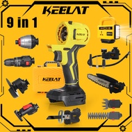 KEELAT 9 PCS Optional Drill Set Combo Cordless Drill Chainsaw Reciprocating Screwdriver Sander Power