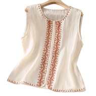 Summer New Dopamine Outfit Sleeveless Cotton Linen Embroidered Top