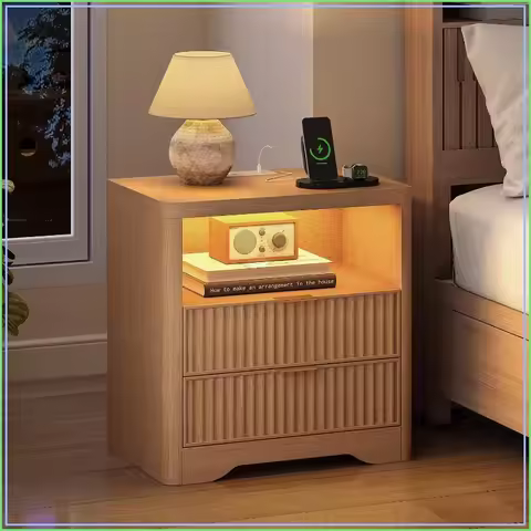 Fluted Nightstand with Charging Station & LED Light, 2 Drawers & Shelf, Oak Bedside Table