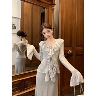 [ AVAILABLE ] Set 2 Piece outerJacket + Korean style gray wool one-piece women's dress