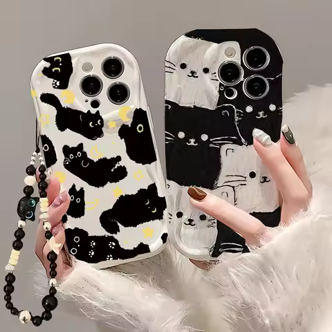 Cute Black Cat With Wrist Strap Lanyard Chain Case For OPPO Reno 13F 12F 11F 14F 5G 8 11 12 13 14 Pr