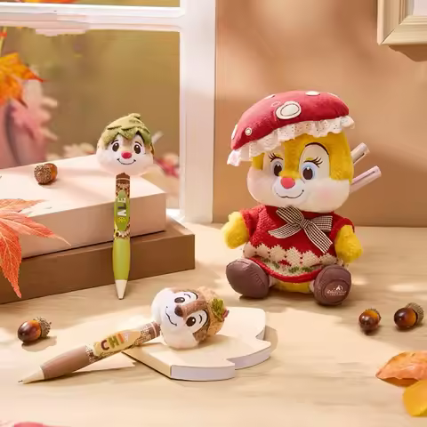Shanghai Disneyland souvenir Chip 'n' Dale bobble-head ballpoint pen, Clarice plush pen pouch, and s