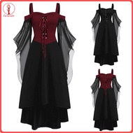 fulaide Women Cosplay Dress Gothic Style Witch Halloween Party Costume Lace-up Strap Collarless Colo