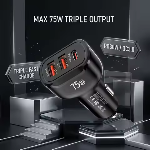 75W Fast Car Charger 3-Port PD 30W USB C Type C Auto Power Adapters Multi Device Simultaneous Chargi