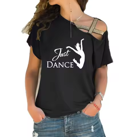 Fun just dance Girl Tee Shirt Female Dancer Shirt funny women fashion Irregular Skew Cross Bandage s