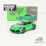 MINI GT 1: 64 Alloy Model Car Porsche 911 Turbo S Python Green Left Peptide
