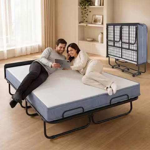 Metal Frame Queen Size Folding Rollaway Bed 75 x 54 Inch with 5 Inch Foam Mattress Portable Space Sa