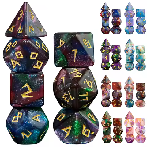 Mixed Color Glitter DND Dice Polyhedron Dice Set 7-Piece D4 D6 D8 D10 D10% D12 D20 for RPG Role Play