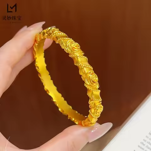Rose Embossed Closed Bangle Women's 24K Gold AU999 - Romantic rose embossment, pure 24K gold, for da