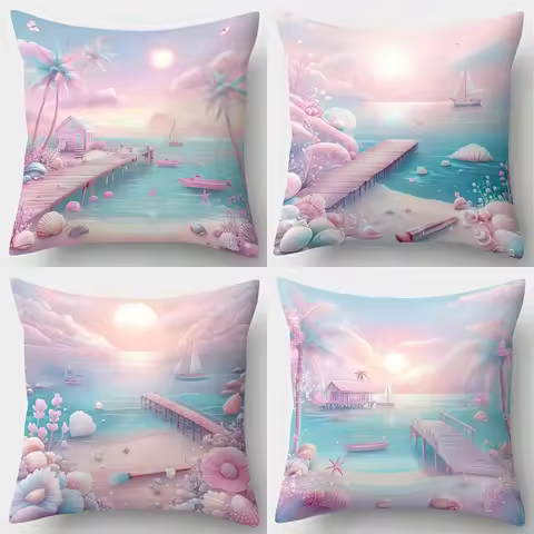 4pcs Beach Coconut Tree Boat Design single-sided digital printing pillow cover Short plush Suitable 