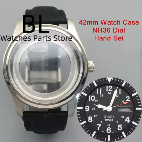 BLIGER 42mm Transparent Bottom Watch Case Sapphire Glass 100m Waterproof Strap Set 34.3mm Dial Hands