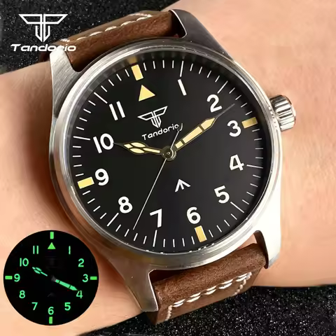 Tandorio Steel 39mm VH31 Quartz Pilot Watch or Japan NH35 Automatic Watch Sapphire Glass Dive 20BAR 