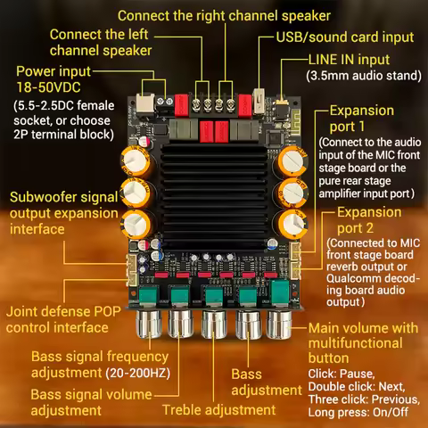 ZK-SUB600 BT Amplifier Board 18-50V TPA3255 2 Channel 300W+300W Audio Amplifier Board With Subwoofer