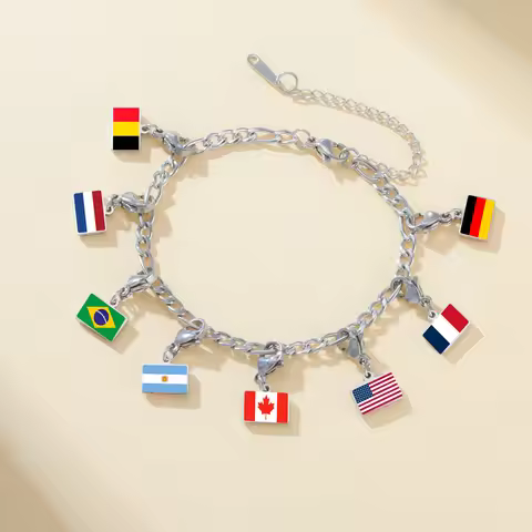 Country Flag Lobster Clasp Charms Pendant Bracelet Stainless Steel Italy France Brazil Spain Flags J