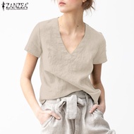[ลดล้างสต๊อก] ZANZEA เสื้อฝ้ายลินินแขนสั้นคอวีสำหรับผู้หญิงใส่ในฤดูร้อนเสื้อยืดท็อปแบบตัวสั้นสตรี #2