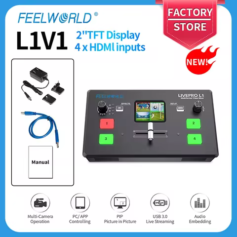 FEELWORLD LIVEPRO L1 V1 Video Mixer Switcher 4xHDMI Inputs USB3.0 Live Streaming Multi Format Camera