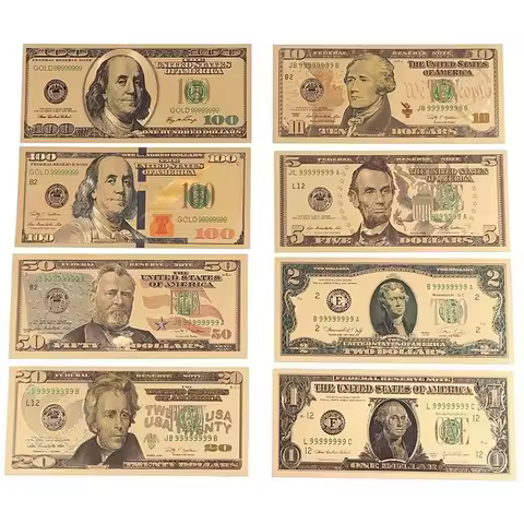 8pcs a Set US Dollar Gold Foil Golden USD Plastic Playing Money Banknotes Props Crafts