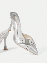 SHEIN ICON 女士銀色金屬調pu尖頭拖鞋,時尚舒適,性感高跟鞋