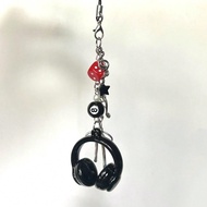 1pc Women's Black 8-Bit Music Earphone Dice Phone Chain, Versatile CCD Charm Lanyard, Student Backpa