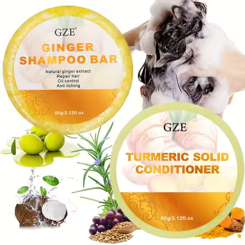 GZE Ginger Shampoo Bar Soap and Turmeric Solid Conditioner Hair Set for Thinning, Lock in Moisture &