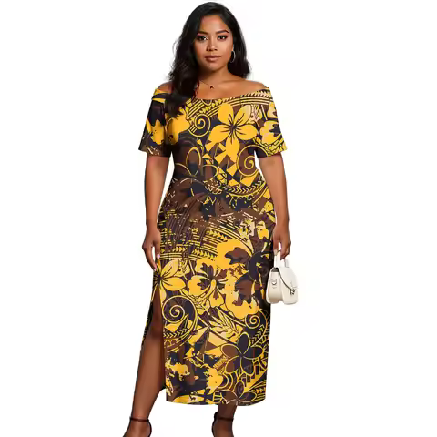 New Design Women Tribal Dress Custom Hawaii Samoa Print Polynesian Tribal Slit Evening Aloha Dress P