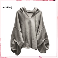 <COD> Solid Color Drawstring Pullover Hoodie Autumn Batwing Sleeve V-Neck Women Sweatshirt Streetwea