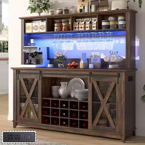 58H Farmhouse Coffee Bar Cabinet with Power Outlet and LED Light,Wine Bar Cabinet w 4 Storage Hutch,