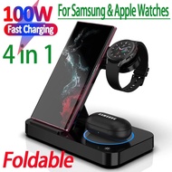 ≮ Small M trend phone case ≯ไร้สายพับได้แท่นชาร์จ4 In 1 100W,สำหรับ iPhone 14 13Pro นาฬิกา iphone 7/6สำหรับ Samsung Galaxy เครื่องชาร์จนาฬิกา4/3 S22 S21
