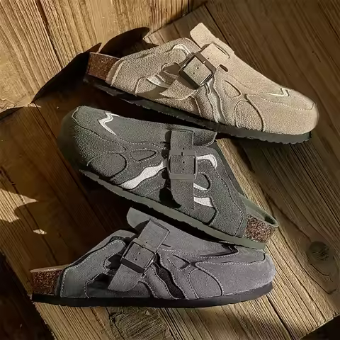 Genuine Leather Cork Mules Slippers for Men Women Close Toe Slippers Home Shoes Clogs Vintage Muller