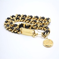 Chanel Vintage 80S黑金鍍金真皮腰鏈 （L78cm）