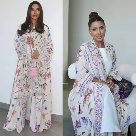Islamic Muslim Luxury Fashion Modest Printed Cardigan Robe with Headscarf Two Piece Set Middle East