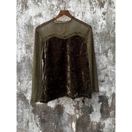Y2k long-sleeved moss green mesh velvet shirt. frs T8018
