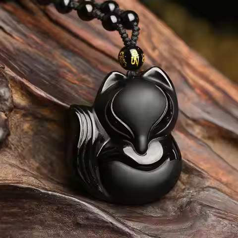 Vintage Exquisite Obsidian Fox Pendant Beaded Chain Necklace Charm Unisex Amulet Jewelry Gift