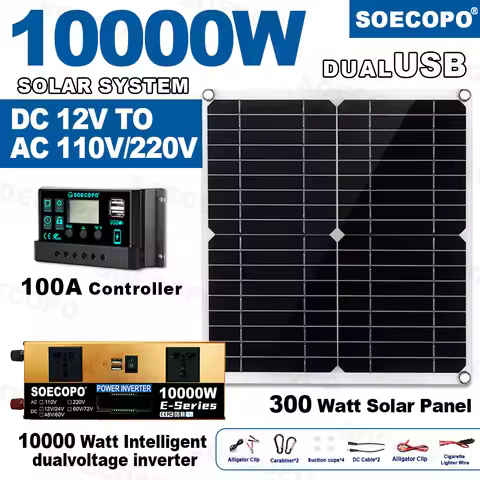 10000W Solar System Power Kit 12V/24V Dual Voltage LCD Inverter 100A Controller 300W Panel for Home/