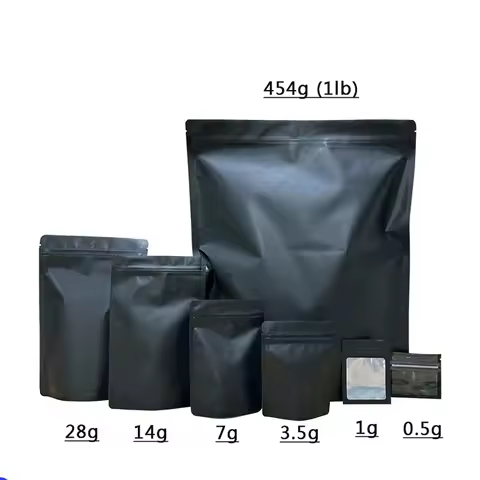 0.5g 1g 3.5g 7g 28g 1 Pound Black Matte Smell Proof Pouch Soft Touch Empty Zipper Lock Snack Package