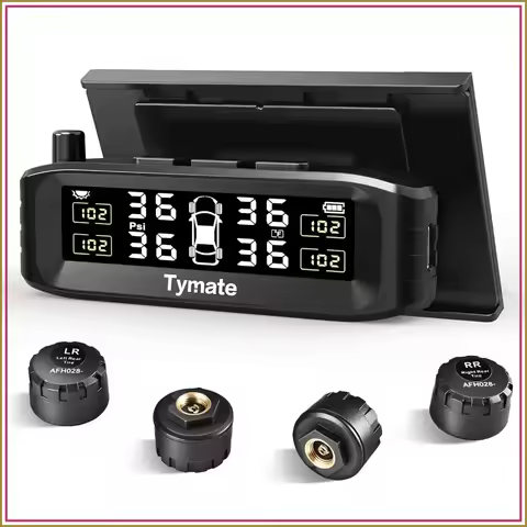 Wireless Solar TPMS with 4 External Sensors, Color Display, 6 Alarm Modes, Easy Windshield Install, 