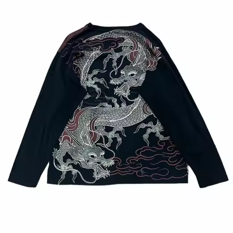 Streetwear Waffle Long Sleeve Men Women Autumn Clothing Harajuku Retro Dragon Graphic Print Long Sle