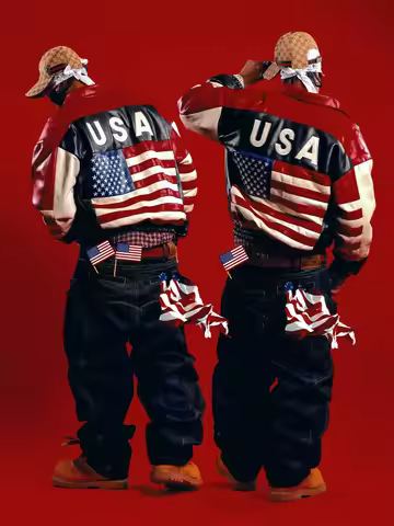 Y2K Hip Hop Urban American Leather Jacket with USA Flag Embroidery Creative Pattern Retro Street Bik