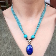 สร้อยคอหินเทอร์ควอยส์ ประดับด้วย จี้หินลาพิสลาซูลี่ หินแท้ธรรมชาติ Natural Top Quality Antique Old Genuine Lapis Lazuli Pendant with Multi Strands Turquoise Tiny Seed Tube Necklace Handmade Jewelry Vintage