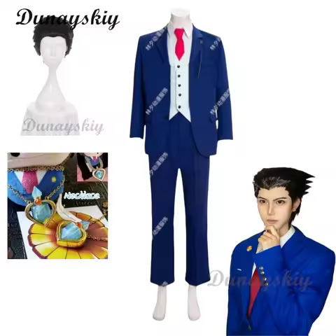 Ace Attorney Phoenix Wright Cosplay Costumes Blue Uniform Suit Jacket With Tie Halloween Party Role 