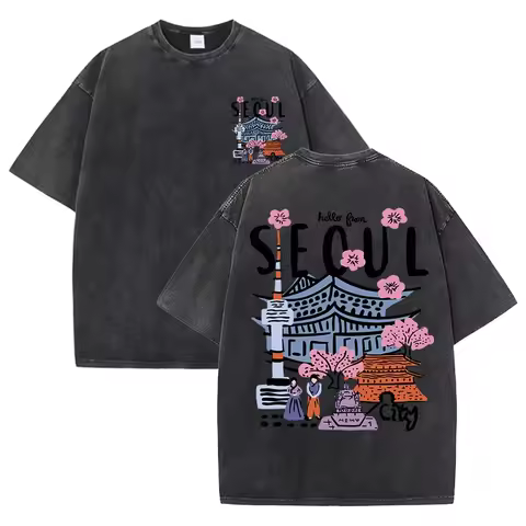 Vintage Seoul Korea 2026 New TShirt Washed 100%Cotton Aesthetic Graphic Retro Acid Wash Short Sleeve