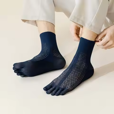 5Pairs Mesh Thin Five Finger Socks Men Anti-Odor Check Male Five Toe Socks Hosiery Breathable Mid-ca
