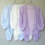 全新 夏季韓系糖果色輕裸感泡泡袖口袋七分袖長版雪紡小外套•紫色 披肩罩衫 防曬衣