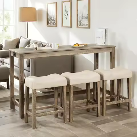 Counter Height Bar Table Set with Power Outlet, Industrial Breakfast Table with 3 Padded Stools, 4 P