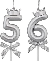 VSHILI 56 65 Birthday Candles, 56th 65th Cake Candles, Silver Happy Birthday Number 56 65 Candles Ca