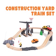 Tooky Land Wooden Construction Yard Train - Set 35pc (Scene) Cargo Railway Set with Tower Crane 3+ Y