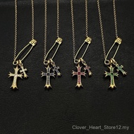 Chrome Hearts Street Wear Antique Chrome Hearts Gold Pin Double Cross Men Women Necklace Pink Diamon