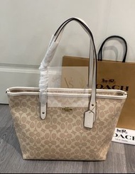 ✨Free SF Shipping | Coach Beige Signature Canvas with White Trim Tote Bag