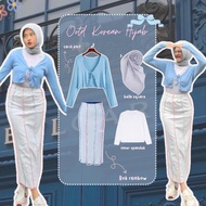 Oneset Alena Korean Style | Bawahan Rok Wanita Rainbow Broken White Bahan Knit Terbaru + Outer Cardi